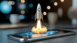 © Natthachai - Rocket launch animation on smartphone digital technology showcase modern office environment creative perspective innovative concept