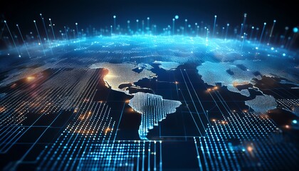 Poster - A digital representation of Earth showcasing a network of interconnected data points and vibrant light, highlighting global connectivity and technology.