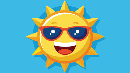Poster - Bright and cheerful cartoon sun wearing sunglasses radiating happiness in a clear blue sky during a sunny day