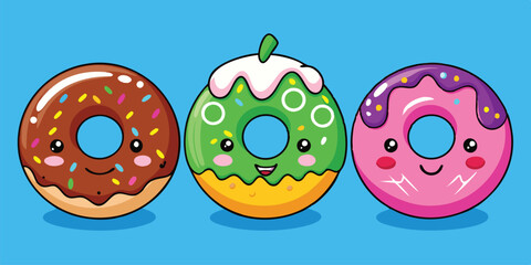 Poster - Sweet and colorful cartoon donuts with playful designs on a bright blue background
