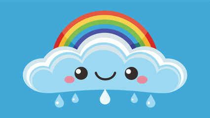 Poster - Cute smiling cloud with a rainbow and raindrops in a bright blue sky depicting a cheerful weather illustration suitable for children