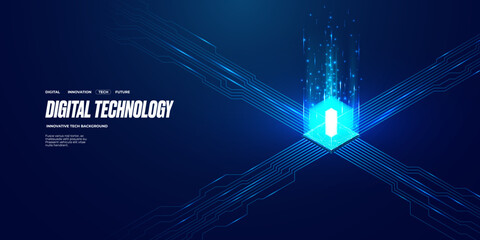 Poster - Isometric CPU semiconductor with circuit elements on technology blue background. AI chip concept. Bright light microchip or processor with hologram glitters. Tech bg. Digital vector illustration.