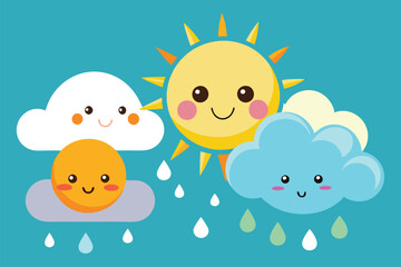 Poster - Happy weather illustration featuring a smiling sun, cheerful clouds, and playful raindrops on a blue background