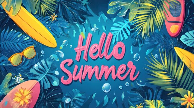 Hello summer greeting vector banner design. text with colorful floaters, surfboard, sunglasses and palm leaves decoration elements