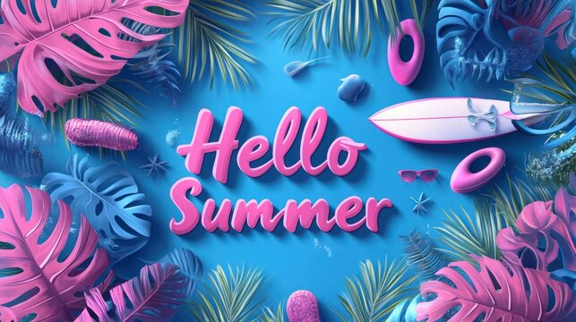 Hello summer greeting vector banner design. text with colorful floaters, surfboard, sunglasses and palm leaves decoration elements