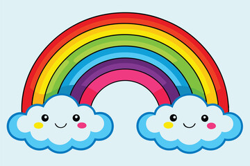 Poster - Colorful rainbow with smiling clouds against a blue sky providing a cheerful atmosphere perfect for children's designs and illustrations