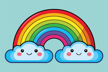 Poster - Colorful rainbow with smiling clouds against a blue sky providing a cheerful atmosphere perfect for children's designs and illustrations