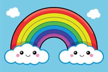Poster - Colorful rainbow with smiling clouds against a blue sky providing a cheerful atmosphere perfect for children's designs and illustrations