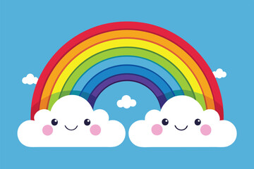 Poster - Colorful rainbow with smiling clouds against a blue sky providing a cheerful atmosphere perfect for children's designs and illustrations