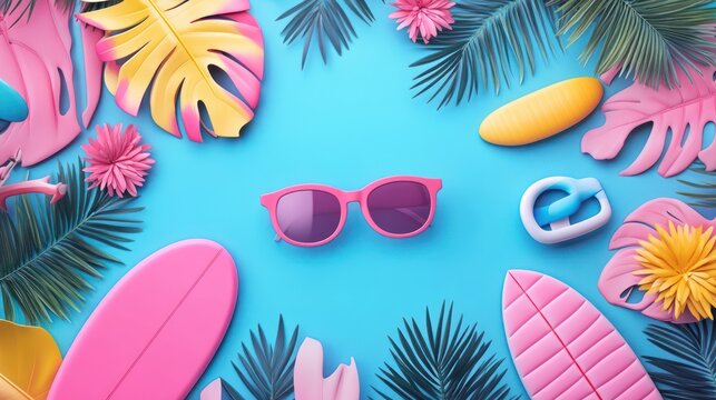 Hello summer greeting vector banner design. text with colorful floaters, surfboard, sunglasses and palm leaves decoration elements