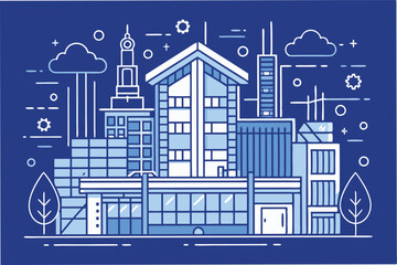 Leinwandbilder - Modern cityscape illustration showcasing diverse building designs and urban environment under a clear sky with sun and clouds