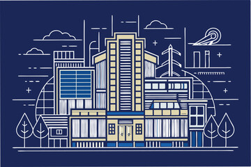 Leinwandbilder - Modern cityscape illustration showcasing diverse building designs and urban environment under a clear sky with sun and clouds