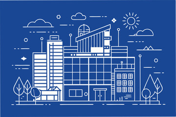 Leinwandbilder - Modern cityscape illustration showcasing diverse building designs and urban environment under a clear sky with sun and clouds