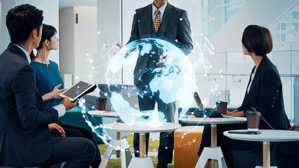 Poster - Business group meeting in office with global network concept