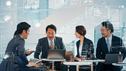Aufkleber - 会議するビジネスパーソンとデジタルデータイメージ