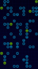 Poster - Blue and yellow glowing emoji icons matrix on a grid, vertical composition. Funny background for graphic design.