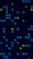 Poster - Blue and yellow glowing emoji icons matrix on a grid, vertical composition. Funny background for graphic design.
