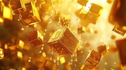 Wall Mural - Bitcoin coin dissolves into golden cubes symbolizing the fragility of cryptocurrency investments in a glowing void