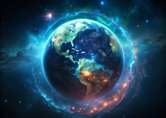Poster - Animated World Map Glowing Lights, Surreal Global Network