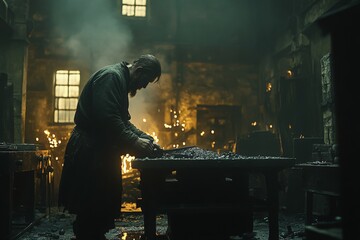 Aufkleber - Blacksmith working in dimly lit forge surrounded by glowing embers and tools during late night hours
