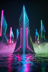 Poster - Colorful neon pyramids reflect in water at night in a futuristic setting with mist and vibrant lights illuminating the surroundings