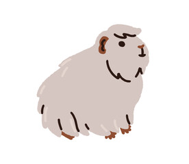 Poster - Cute guinea pig. Adorable fluffy rodent with shaggy coat. Furry hairy cuddly pet, tame cavy. Tiny small little companion animal. Flat graphic vector illustration isolated on white background