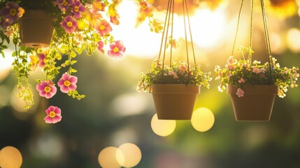 abstract background with hanging flower pots and golden hour light, vibrant and cheerful tones, rustic and festive, minimalist layout