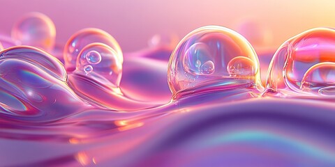Poster - Colorful and reflective bubbles floating on a vibrant liquid surface under soft light at sunset