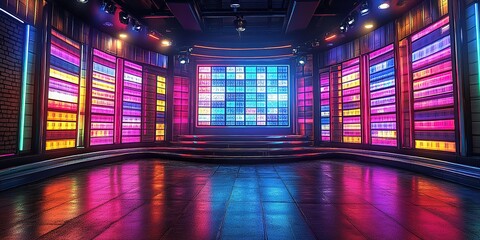 Poster - Colorful modern studio with vibrant lighting and digital screens during a live show event