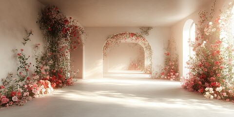 Poster - Elegant floral arrangement in a softly lit hallway with archways and blooming roses