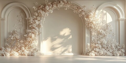 Poster - Elegant floral installation enhances minimalist interior design in bright, airy space