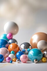 Poster - Colorful collection of glossy spheres arranged artistically on a light background showcasing vibrant textures and reflections