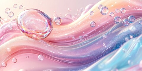 Poster - Colorful abstract design featuring smooth waves and bubbles in pastel shades of pink and blue
