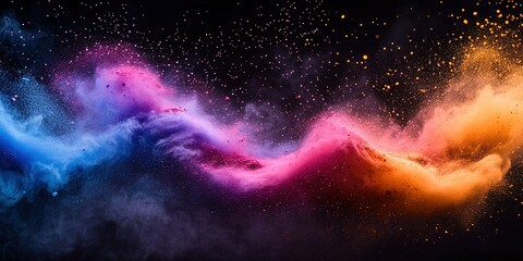 Poster - Colorful abstract wave of dust and particles flowing against a dark background during a creative art process