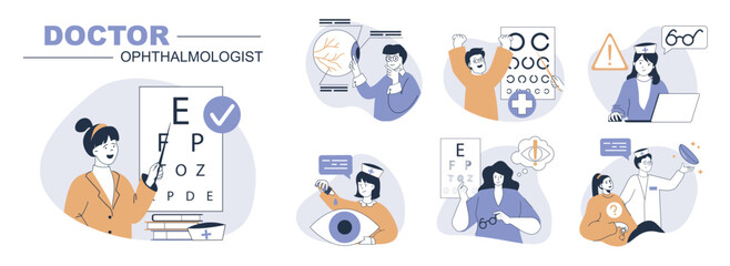 Aufkleber - Doctor ophthalmologist concept set in flat web design. People in isolated scenes visiting eye clinic for eyesight tests and eyeball research, get correction with lens or glasses. Vector illustrations.