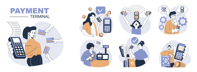 Poster - Payment terminal concept set in flat web design. People in isolated scenes using wireless and contactless POS terminals for paying paying with bank credit cards at checkout. Vector illustrations.