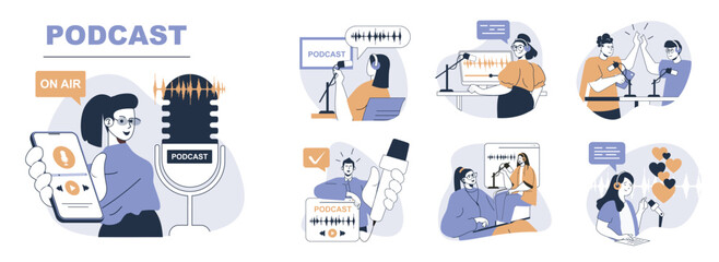 Aufkleber - Podcast concept set in flat web design. People in isolated scenes record audio interview or online show, host and guest talking in microphones, speakers at headphones in studio. Vector illustrations.