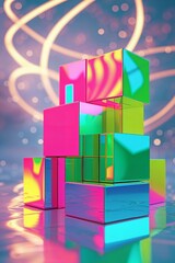 Poster - Colorful reflective blocks stacked creatively with vibrant background lights at an artistic display
