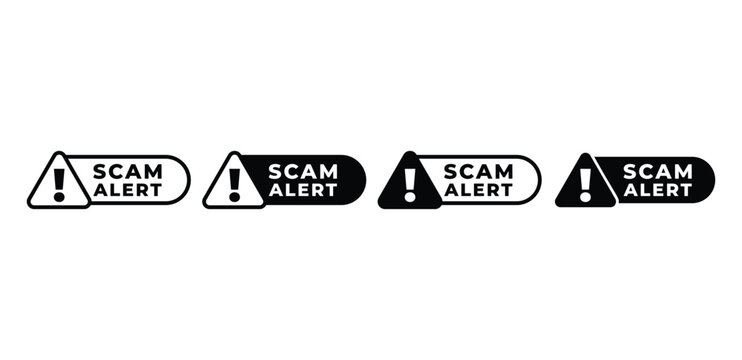 scam alert banner label symbol sign icon vector design black white color simple flat illustration set