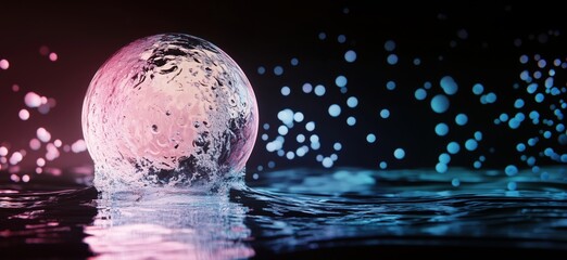 Poster - Colorful water splash with bubble reflecting light in dark background, copy space for text