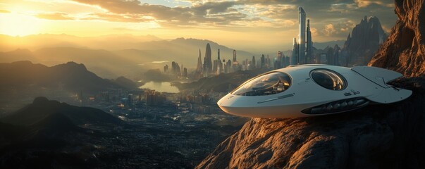 Poster - Futuristic spaceship overlooking a sprawling cityscape at sunset, copy space for text