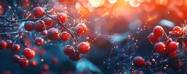 Poster - Vibrant red berries with sparkling details and abstract connections in nature, copy space for text
