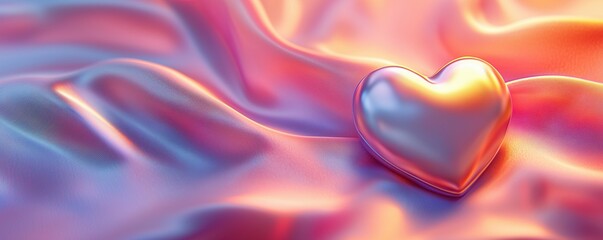 Poster - Shiny heart shape on colorful satin fabric background with soft waves and reflections, copy space for text