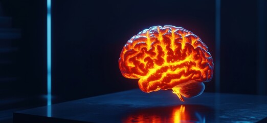 Poster - Glowing 3D Brain Model with Neon Effects in Dark Environment, copy space for text