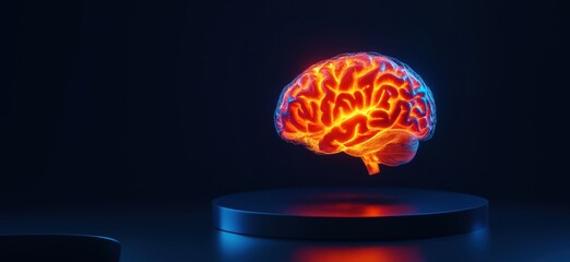 Poster - 3D holographic brain model glowing in vibrant colors on a dark background, copy space for text