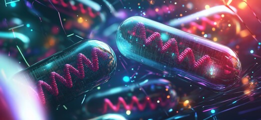 Poster - Colorful digital representation of mitochondria with glowing structures and vibrant details, copy space for text