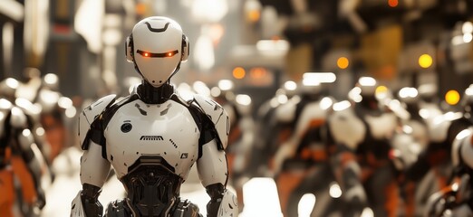 Poster - Futuristic humanoid robot in a bustling cyberpunk cityscape with glowing eyes, copy space for text