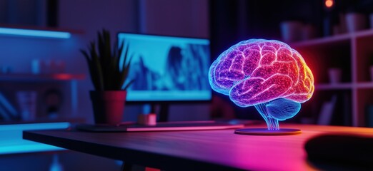 Poster - Neon Brain Model Illuminating Modern Workspace with Technology and Creativity, copy space for text