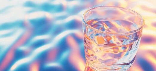 Poster - Clear glass of water reflecting colorful light on textured surface, copy space for text