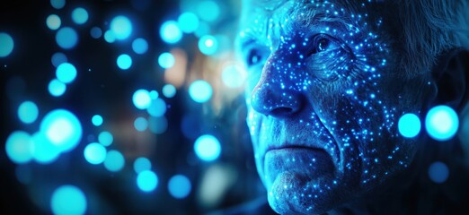 Poster - Elderly man with glowing blue digital patterns on face representing technology and aging, copy space for text